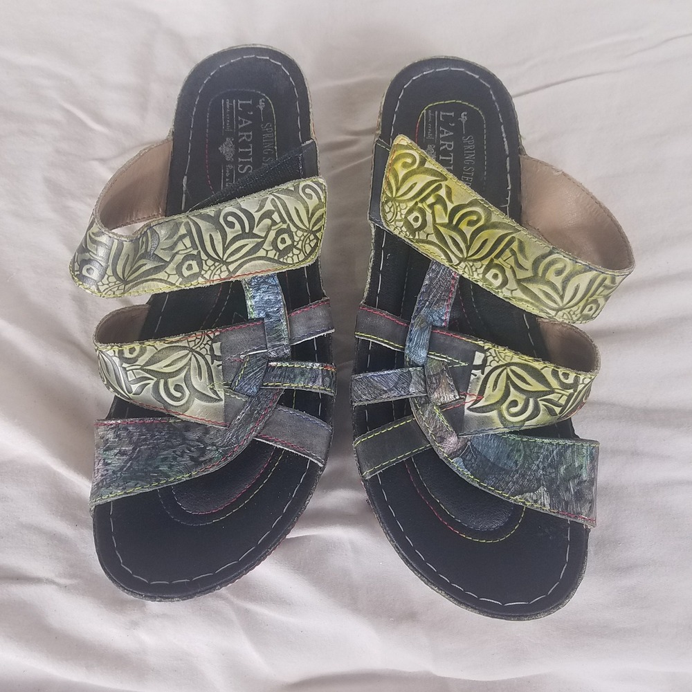 Spring Step L'Artiste Caiman Sandals Womens 40 Multi Color Good Floral Leather
